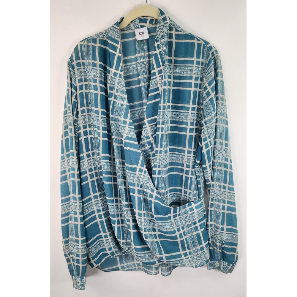 CAbi Plaid Surplice Wrap Top Women's M Blue Hi-Lo Hem Lightweight